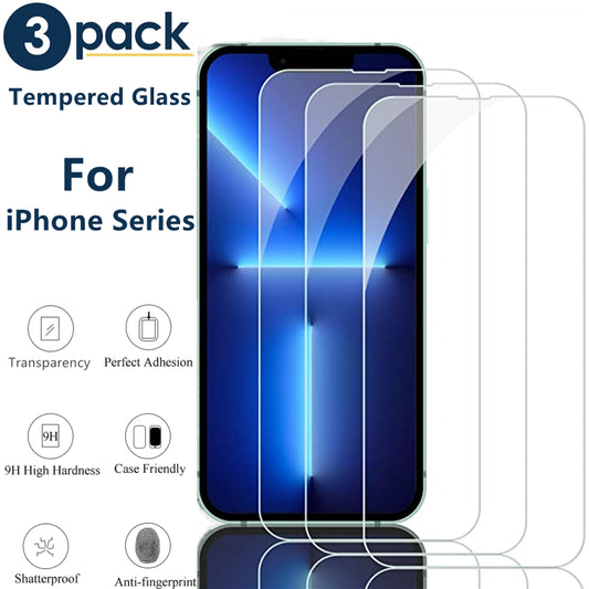 3-PACK for Iphone 16 15 14 13 12 11 Pro Max XR X Tempered Glass Screen Protector