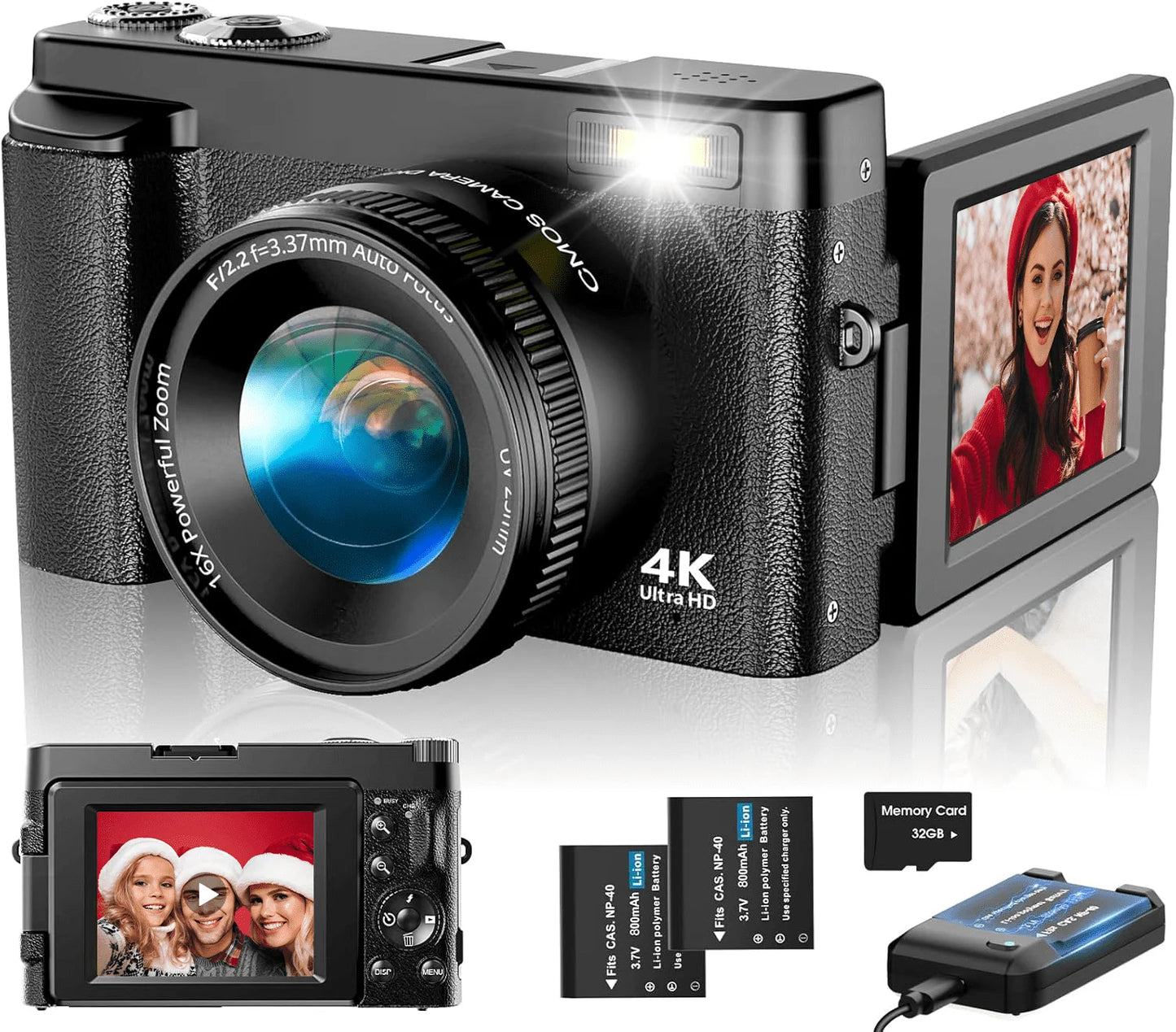 Vlogging Camera 4K Digital Cameras 48MP for Photography Autofocus 16X Digital Zoom for Youtube with 32GB Card