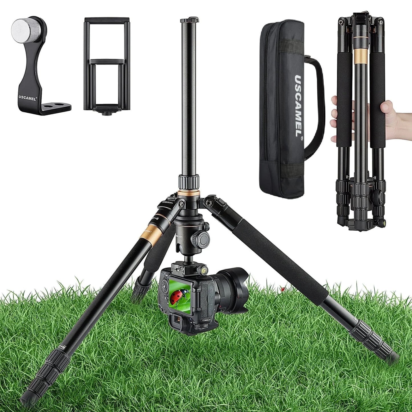 Camera Tripod, Pro Video Tripod for DSLR Adjustable 63" Monopod, Foldable Outdoor Shooting Tripod Travel Photography 360° Ball Head