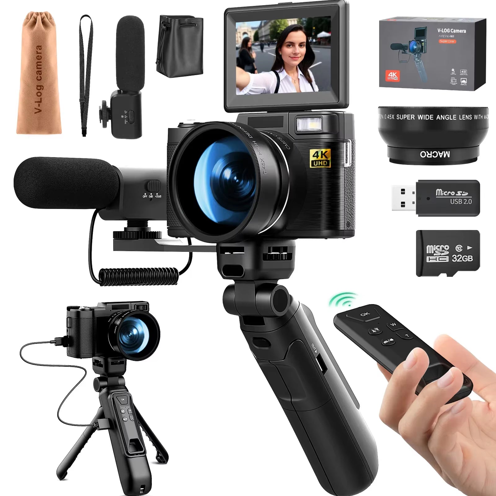 4K Digital Cameras for Photography48Mp Video Camera for Youtube Vlogger Kit-Microphone & Remote Control Tripod Grip