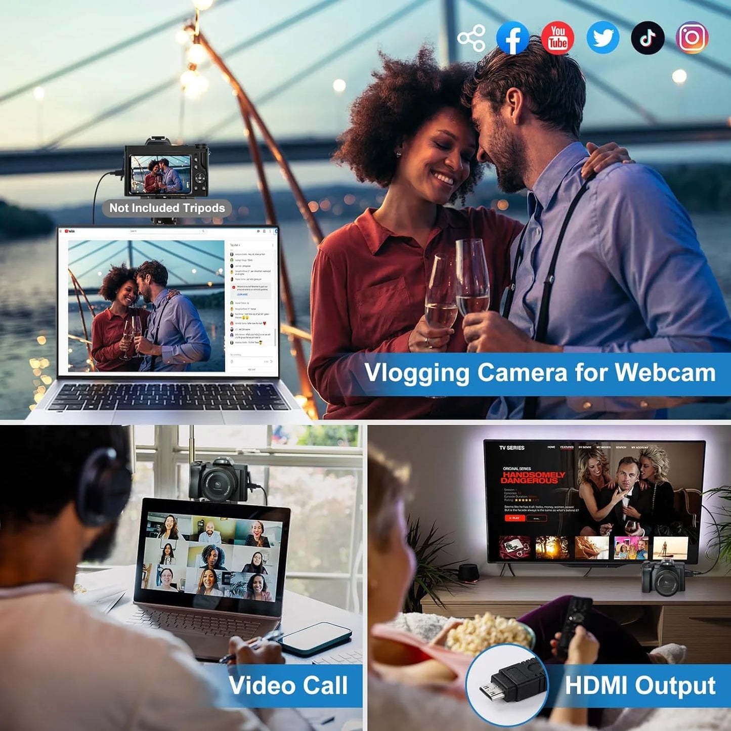 5K Digital Camera Autofocus 16X 48 MP Vlogging Camera for Youtube DSLR Video Cameras with 32G SD Card, Black