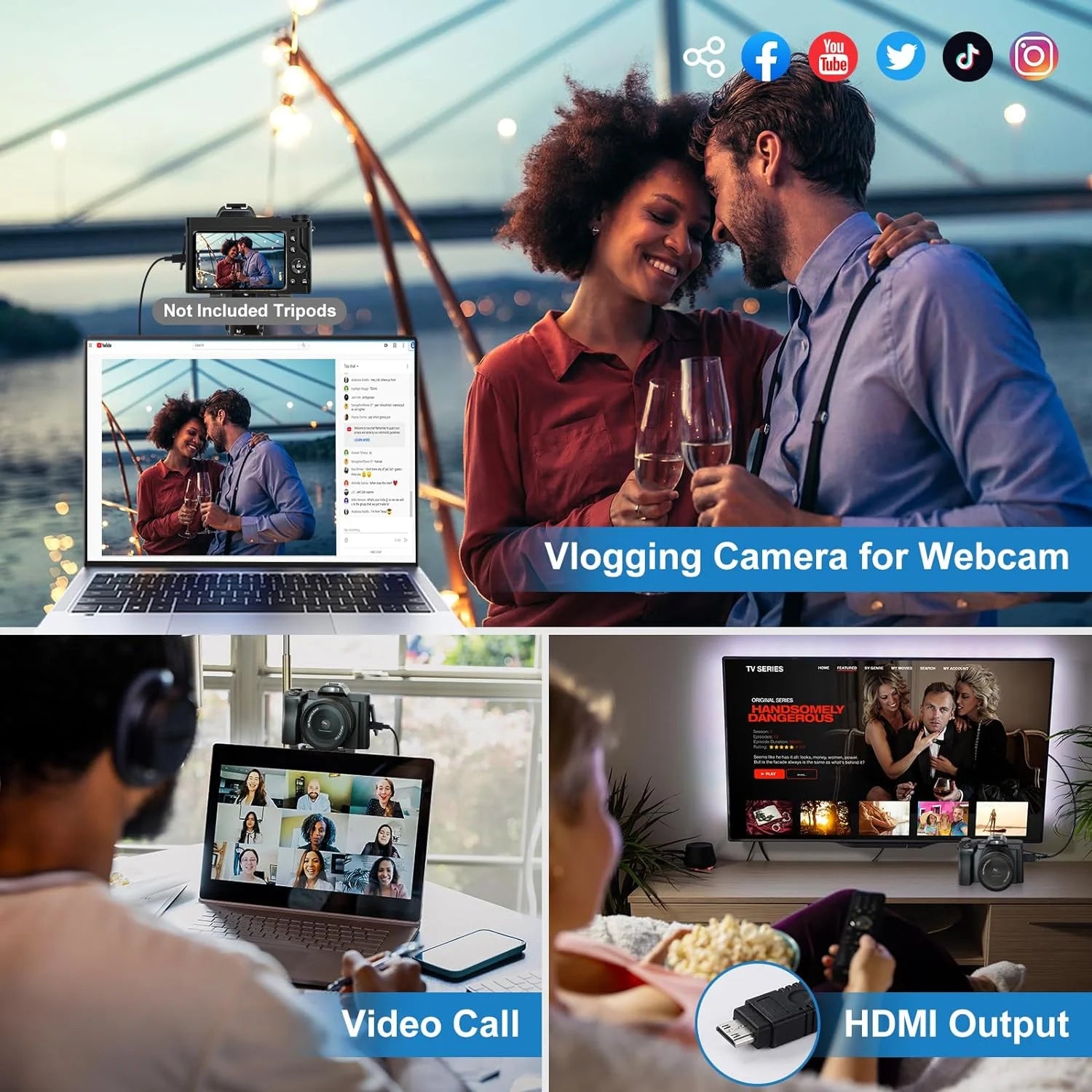 5K Digital Camera Autofocus 16X 48 MP Vlogging Camera for Youtube DSLR Video Cameras with 32G SD Card, Black