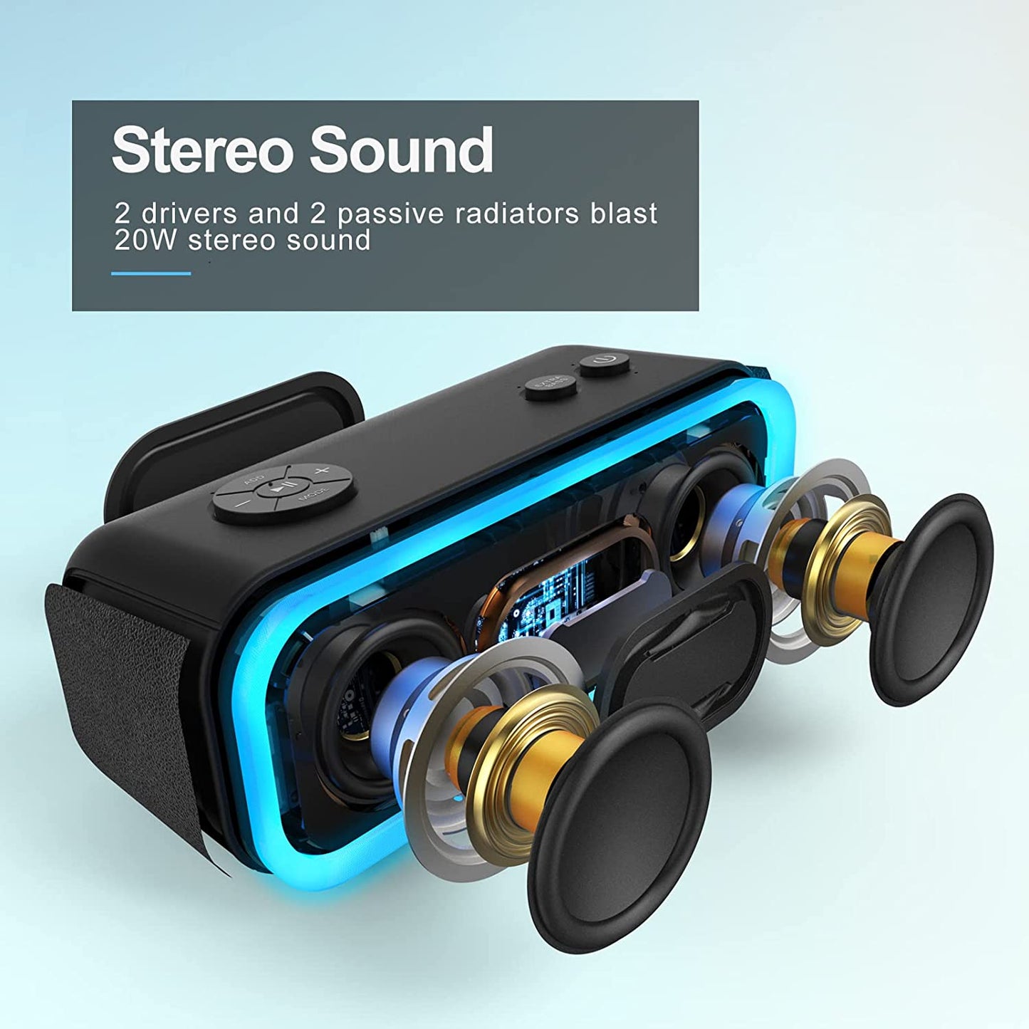 Soundbox Pro Bluetooth Speaker with 20W Stereo Sound, Active Extra Bass, IPX6 Waterproof, TWS Pairing, Multi-Colors Lights, 20H Playtime, Portable for Beach, Outdoor-Blue