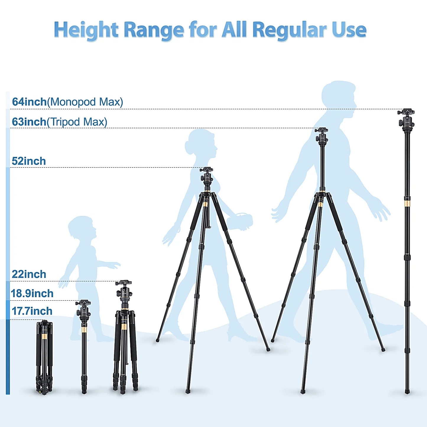 Camera Tripod, Pro Video Tripod for DSLR Adjustable 63" Monopod, Foldable Outdoor Shooting Tripod Travel Photography 360° Ball Head