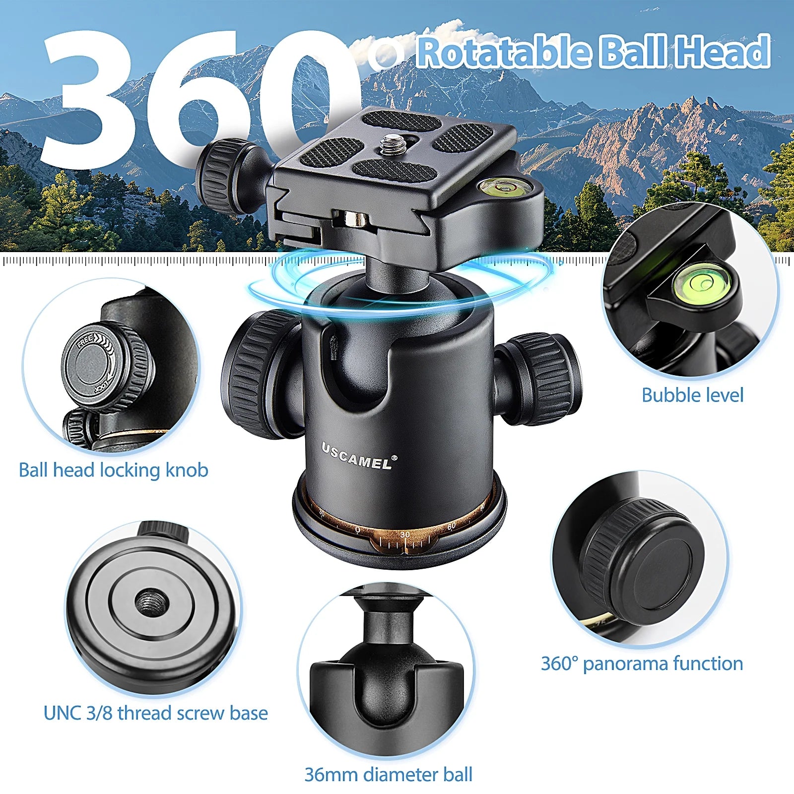 Camera Tripod, Pro Video Tripod for DSLR Adjustable 63" Monopod, Foldable Outdoor Shooting Tripod Travel Photography 360° Ball Head