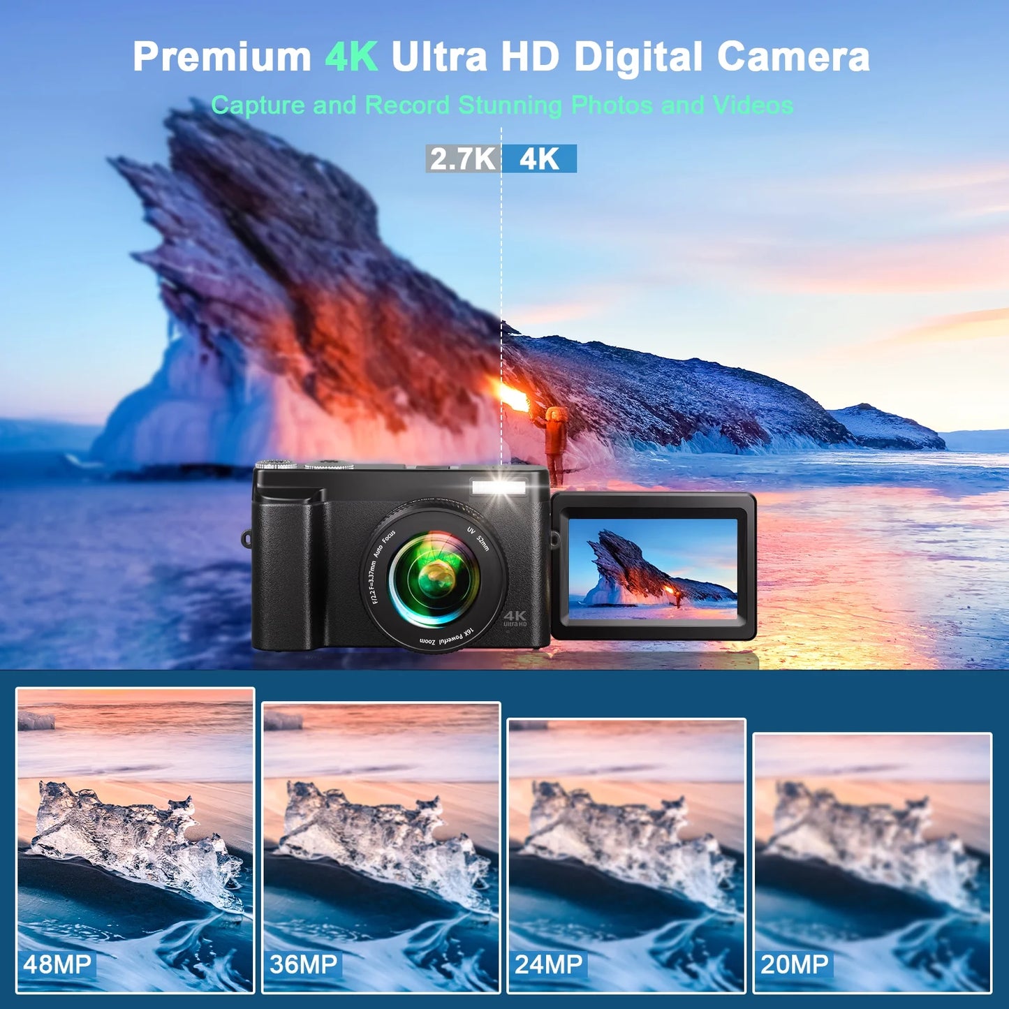 Vlogging Camera 4K Digital Camera for Youtube Autofocus with 32GB SD Card,180°Flip Screen 16X Digital Zoom 48MP Video Cameras Camcorder for Photography