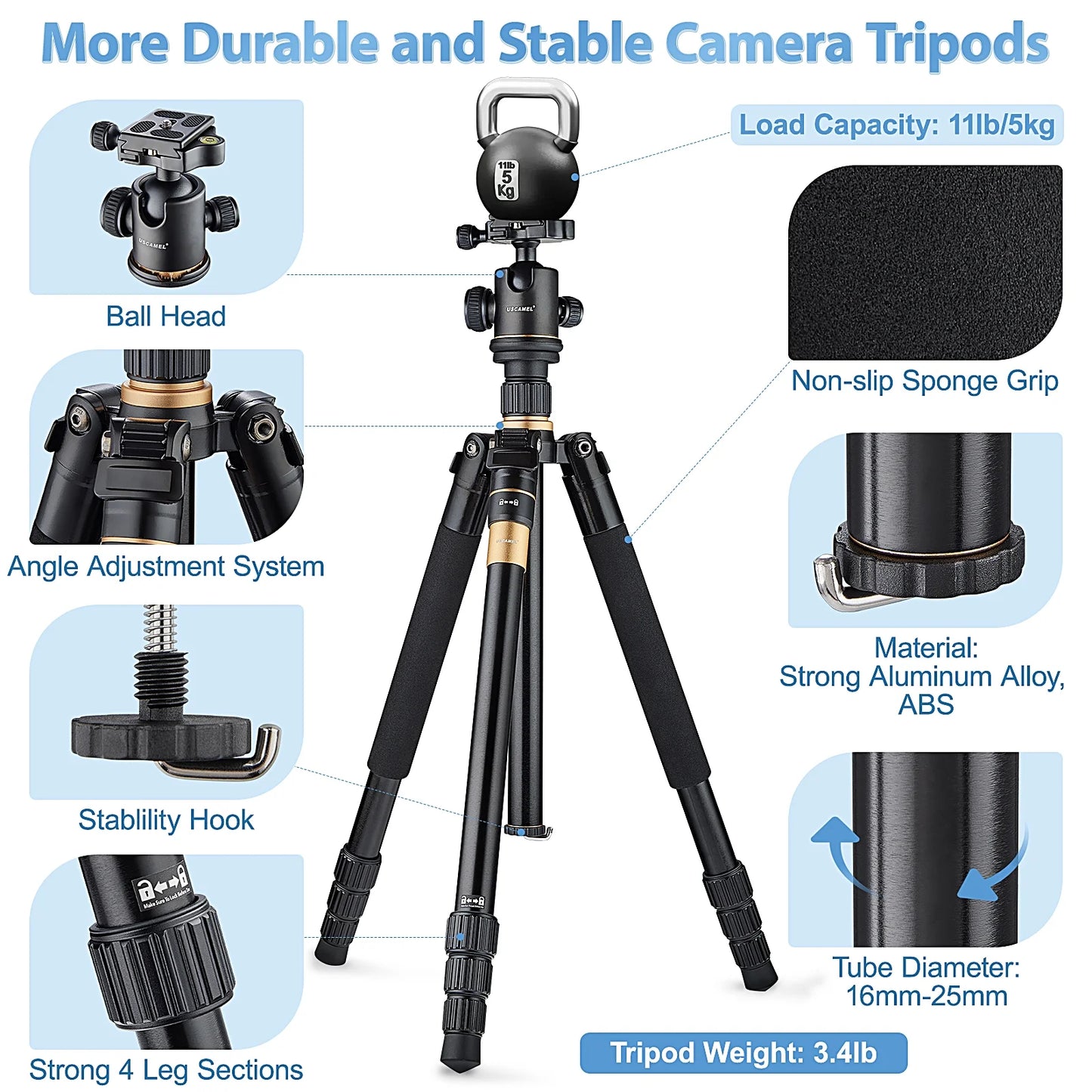 Camera Tripod, Pro Video Tripod for DSLR Adjustable 63" Monopod, Foldable Outdoor Shooting Tripod Travel Photography 360° Ball Head