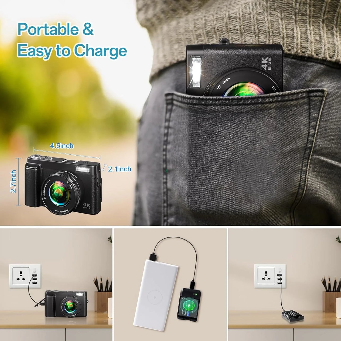 Vlogging Camera 4K Digital Camera for Youtube Autofocus with 32GB SD Card,180°Flip Screen 16X Digital Zoom 48MP Video Cameras Camcorder for Photography