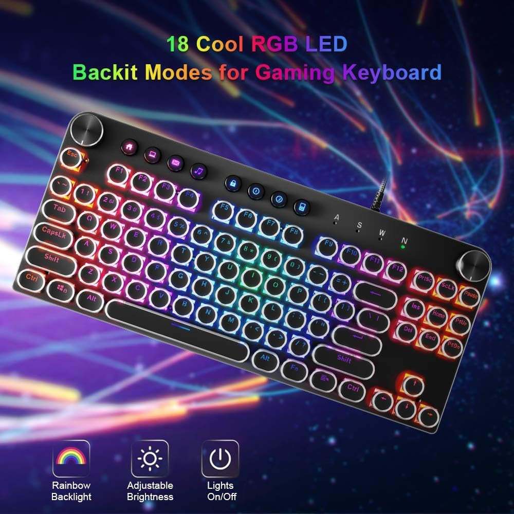 Mechanical Keyboard, 87 Keys Brown Switch RGB Keyboard with Media Control Knobs, Retro round Keys Gaming Keyboard, Black