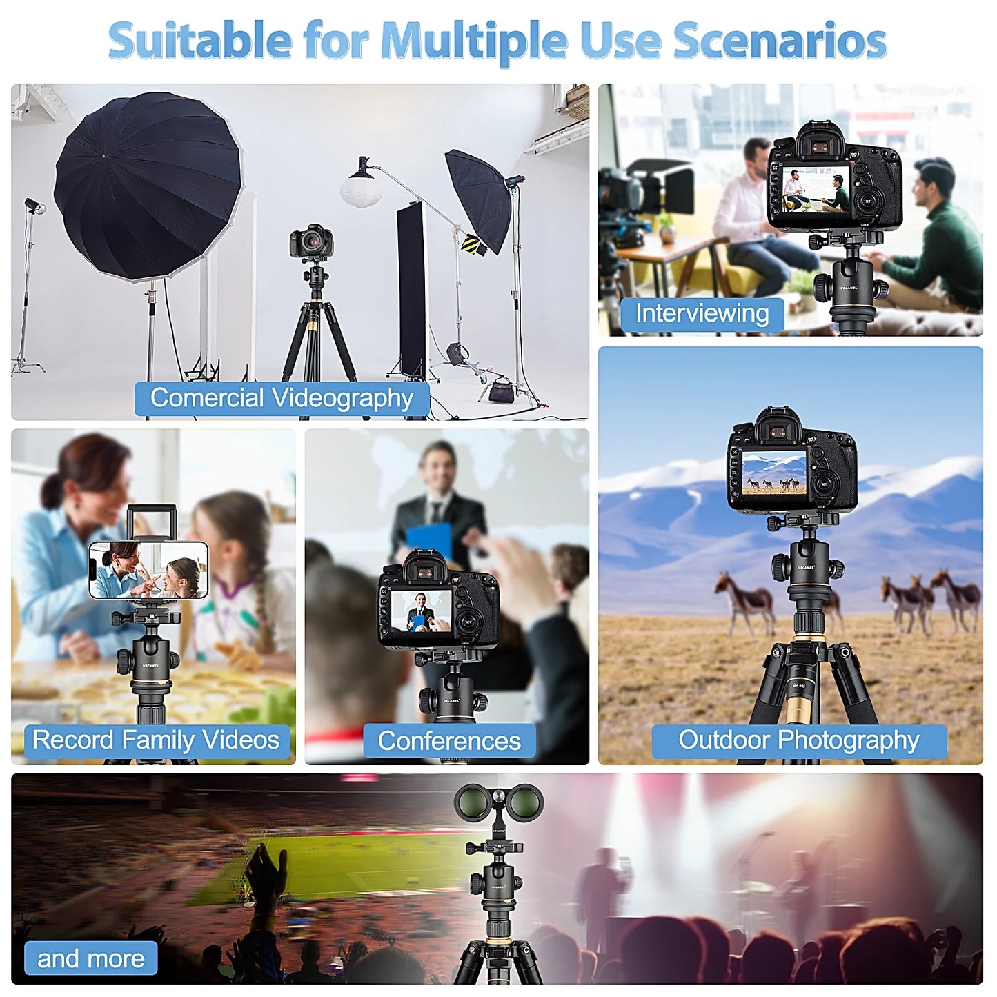 Camera Tripod, Pro Video Tripod for DSLR Adjustable 63" Monopod, Foldable Outdoor Shooting Tripod Travel Photography 360° Ball Head