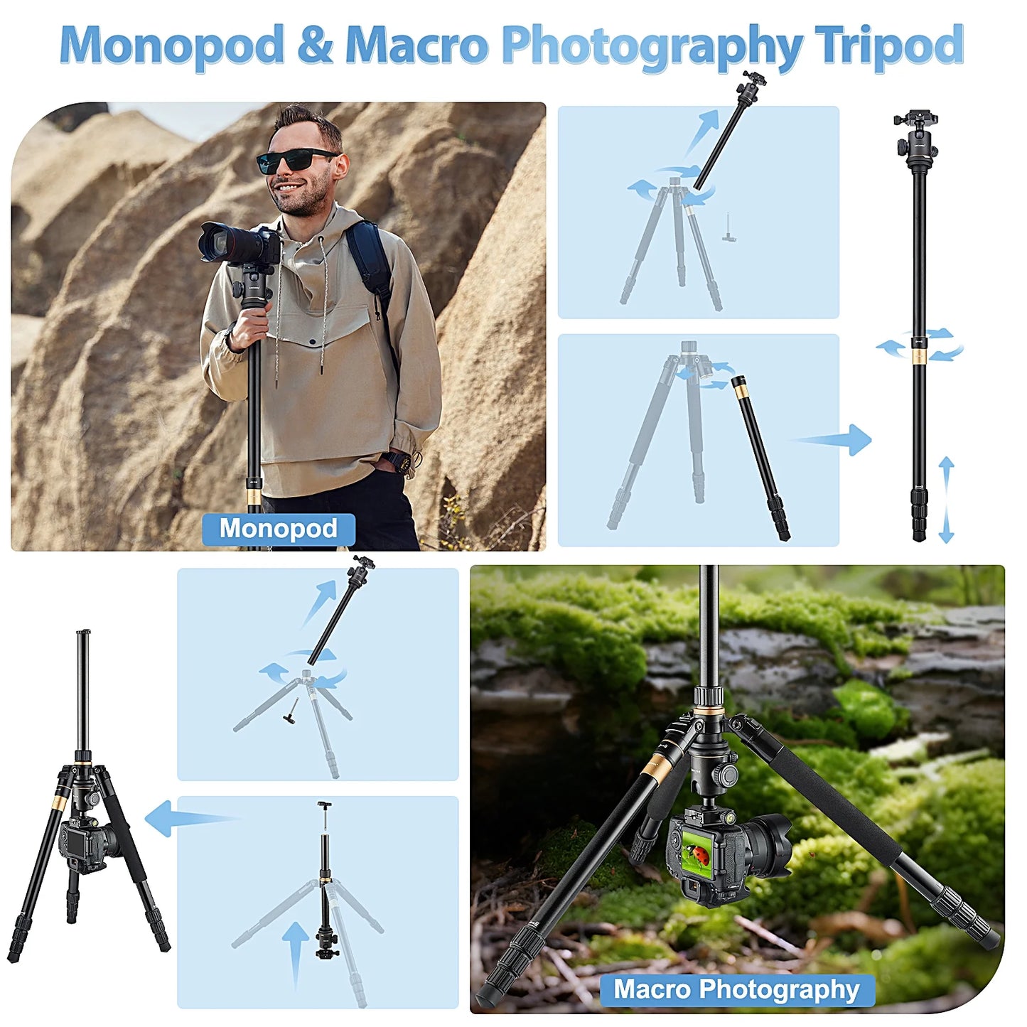 Camera Tripod, Pro Video Tripod for DSLR Adjustable 63" Monopod, Foldable Outdoor Shooting Tripod Travel Photography 360° Ball Head