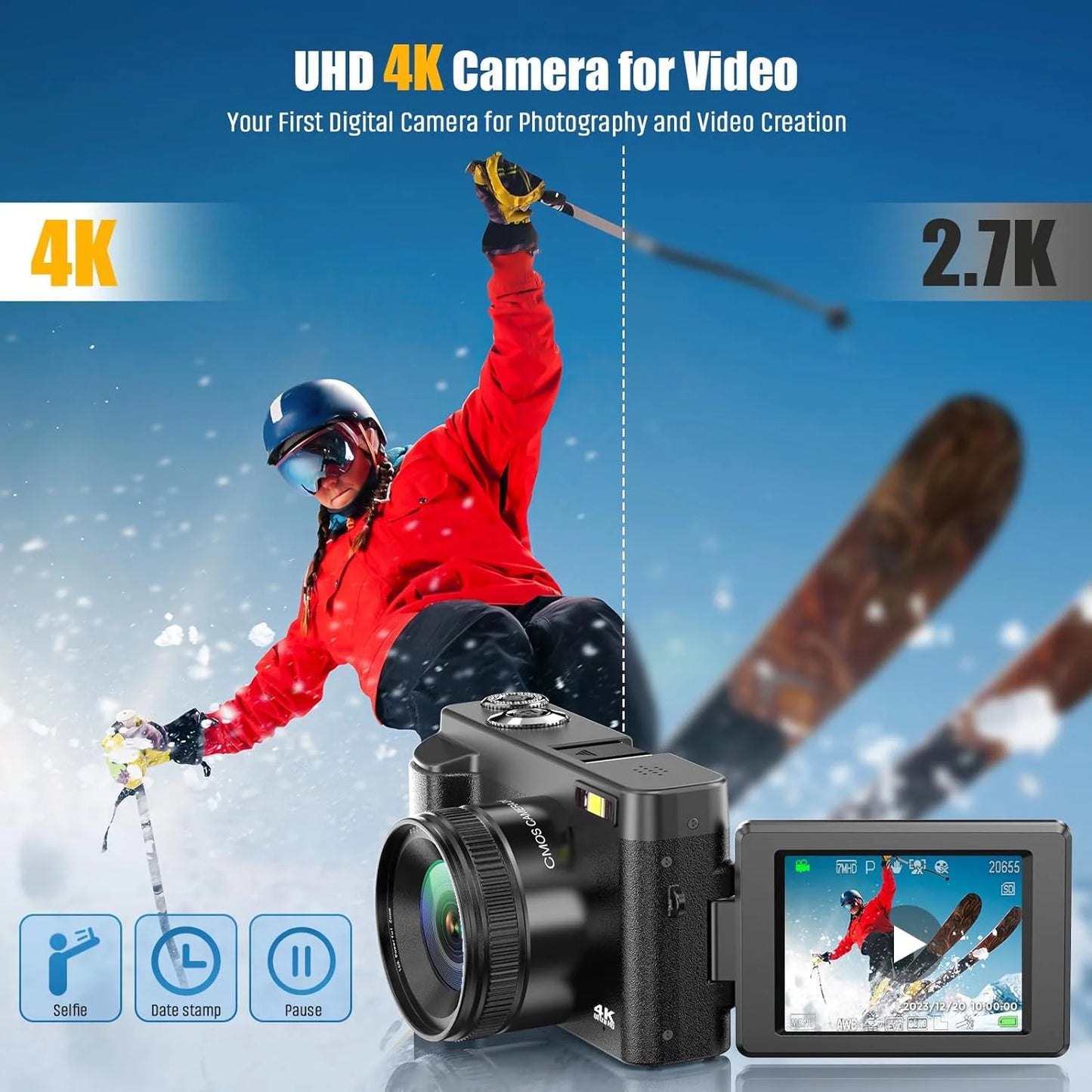 4K Digital Camera for Photography 48MP Autofocus Vlogging Cameras 16X Digital Zoom for Youtube with 32GB Card