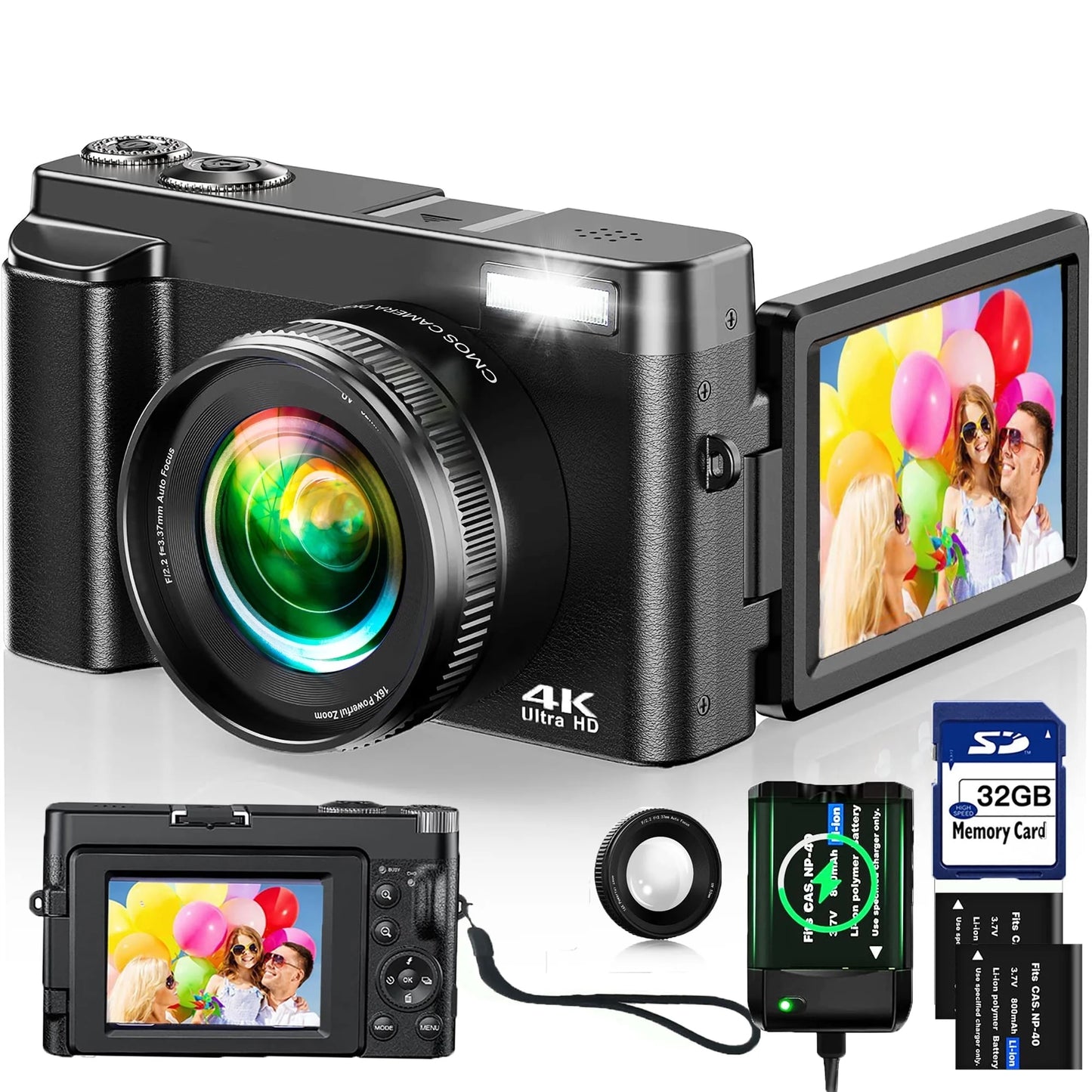 Vlogging Camera 4K Digital Camera for Youtube Autofocus with 32GB SD Card,180°Flip Screen 16X Digital Zoom 48MP Video Cameras Camcorder for Photography