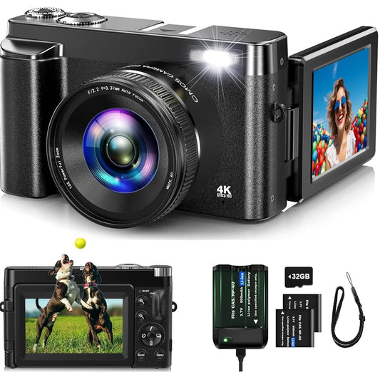 4K Digital Camera for Photography 48MP Autofocus Vlogging Cameras 16X Digital Zoom for Youtube with 32GB Card